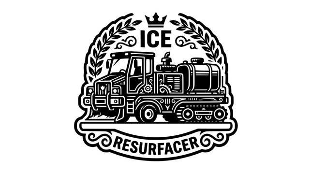 Industrial ice resurfacer emblem with laurel wreath.