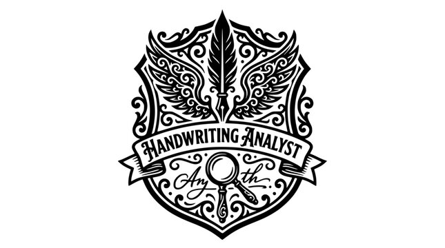 Handwriting analyst emblem with feather pen and magnifier