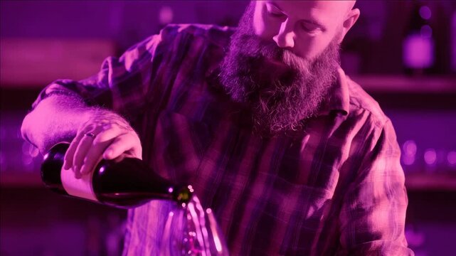 Bearded man wearing plaid shirt pours bubbly beverage into glass at darkened bar counter.