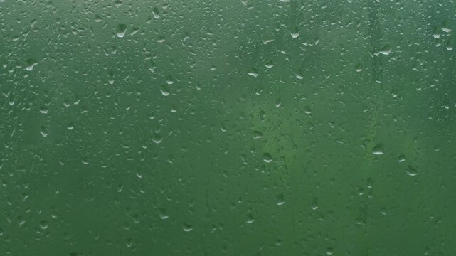 Multiple rain drops on window glass close-up during a heavy downpour. Live texture of water and flowing streams on a blurred green nature background.