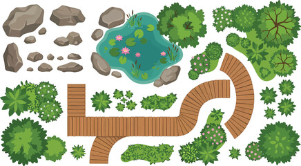 Obraz premium Top view garden landscape elements with wooden path pond rocks and various trees for architectural site planning