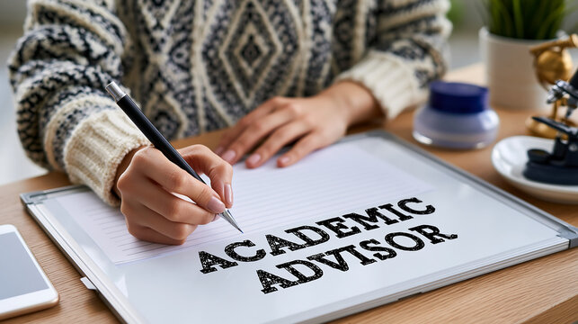 close up of pen writing academic advisor words for student counseling and planning