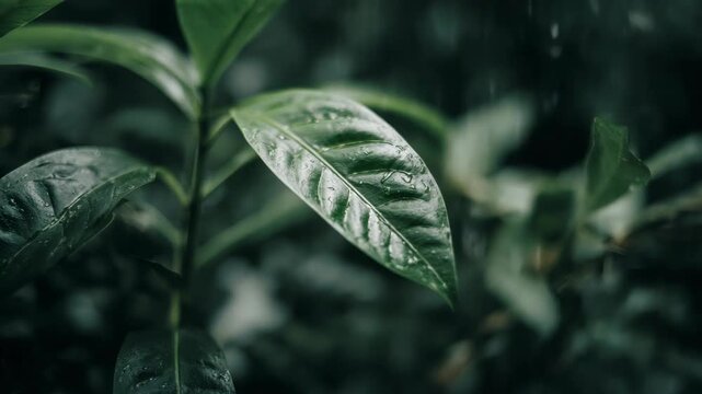 A single raindrop glistening on a fresh leaf amidst the dense foliage of a rain-soaked forest.