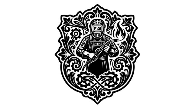 Ornate vintage crest featuring industrial welder emblem.