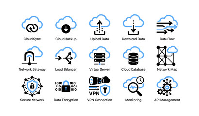 Obraz premium Cloud network and security icons displayed in a grid on white background