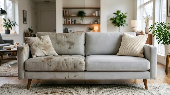 Modern cozy living room sofa with neutral decor, bright minimalist interior design with natural light and plants