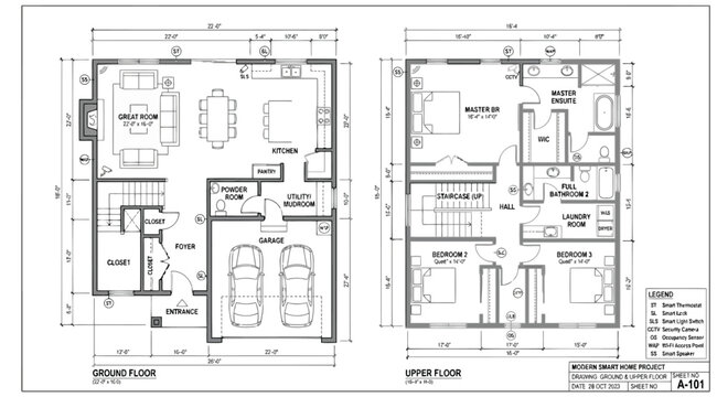 Detailed architectural floor plan of a twostory residential house including garage and bedrooms