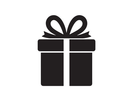 Black gift box vector icon, a simple present symbol with a tied ribbon bow, ideal for holiday promotions, e-commerce, and celebration designs