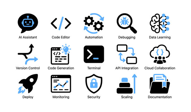 Developer and devops icons showing code automation and cloud tools