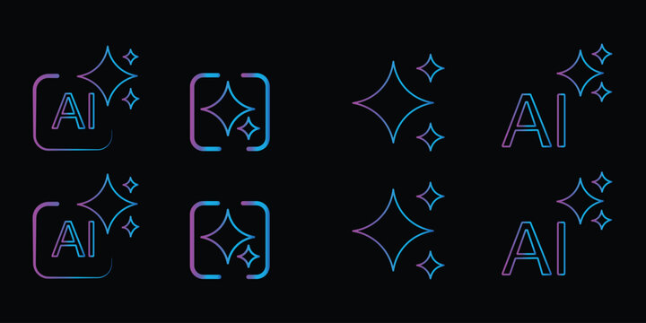 Generative ai sparkle icon set for adobe illustrator, vector collection of clean star symbols, shiny glitter effects in black and gradient for new magic features 