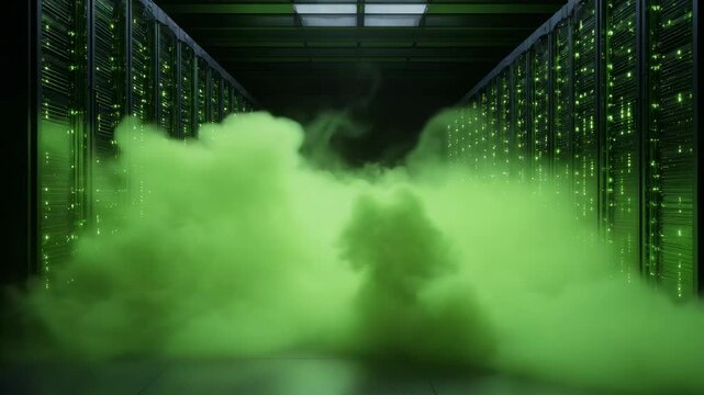 A computer server room with a green smoke effect, possibly for a movie or simulation scene.