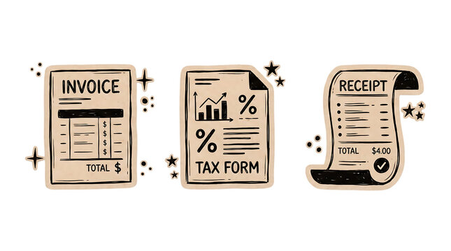 Financial paperwork icons set featuring invoice tax form and receipt with data visualization symbols document business accounting percentage illustration financial handdrawn corporate