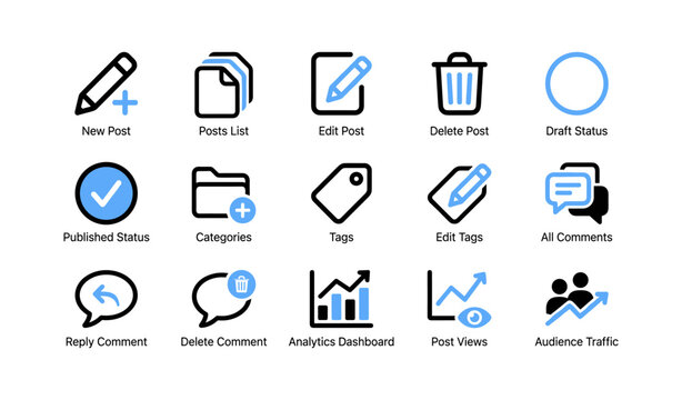 Blog post icons showing management actions on white grid