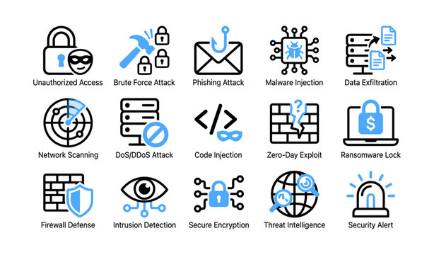 Cybersecurity threat and protection icons arranged on white background