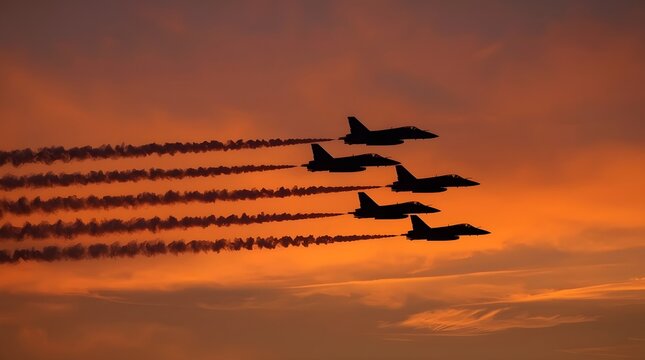 A striking silhouette profile photograph of a squadron of military fighter jets flying in formation leaving smoke trails at sunset