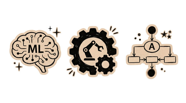 Machine learning brain robotic gear and systematic workflow diagram icons with learning robotics automation flowchart algorithm technology innovation computing intelligence engineering