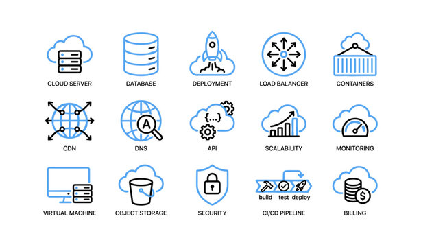 Cloud infrastructure icons showing service categories on white
