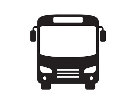 Front view black bus icon, public transport vehicle symbol, simple flat vector graphic, isolated on white background, urban transit design element