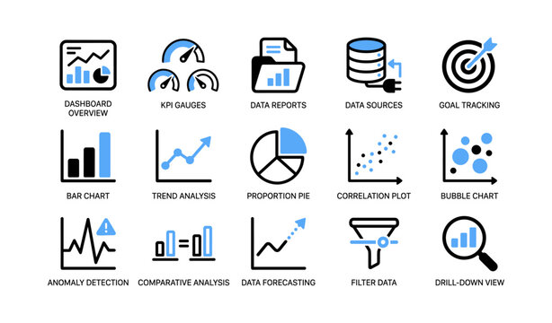 Data analytics icons illustrating charts metrics and reporting on white