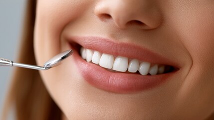 Fototapeta premium Close-up of a woman smiling during a dental check-up at a clinic with a dental tool in focus