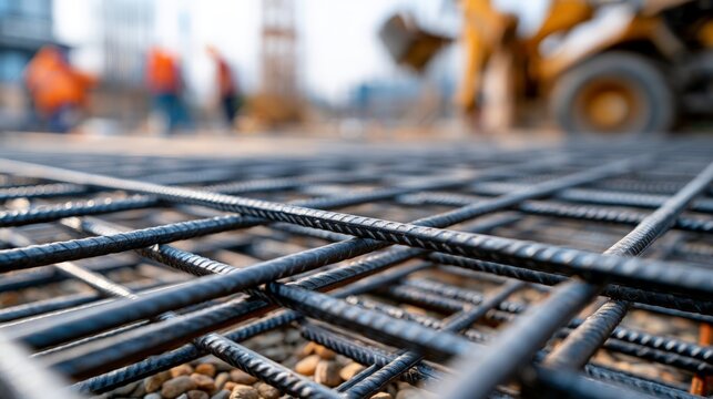 Construction site shows steel rebar grid ready for concrete work on a busy workday in the city with workers visible in the background