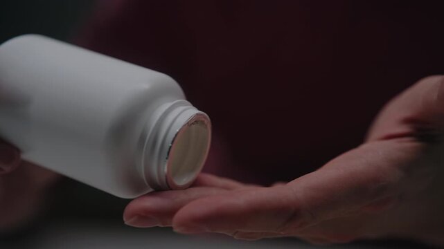 Close-up of man pouring daily dosage of pills from container into palm. Concept of pharmaceutical medication or vitamin supplements being prepared for intake to support health and wellbeing.