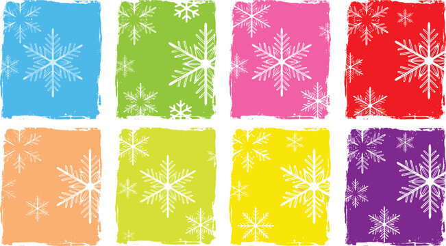 Colorful grunge Christmas card background set with white vector snowflakes on distressed square textures isolated on white