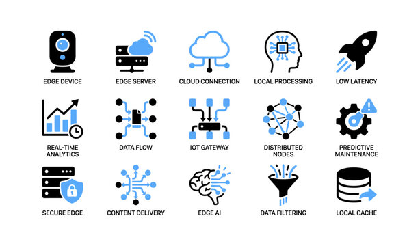 Edge computing icons illustrating data processing and low latency