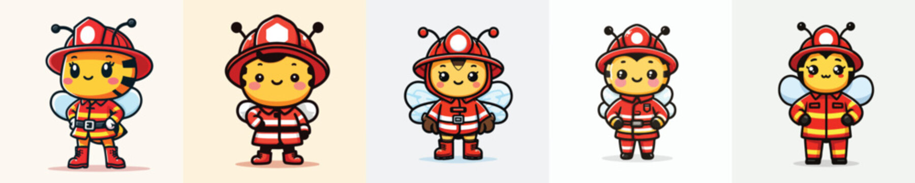 set of cute bee vectors wearing firefighter costumes