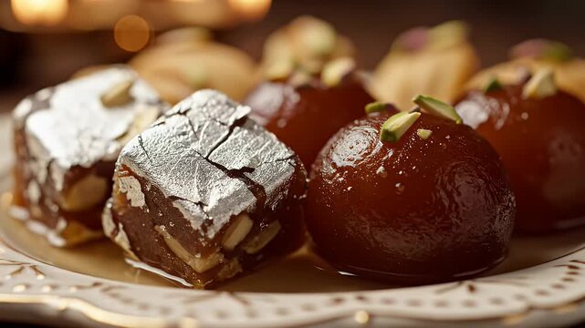 Traditional Indian sweets Gulab Jamun and Barfi