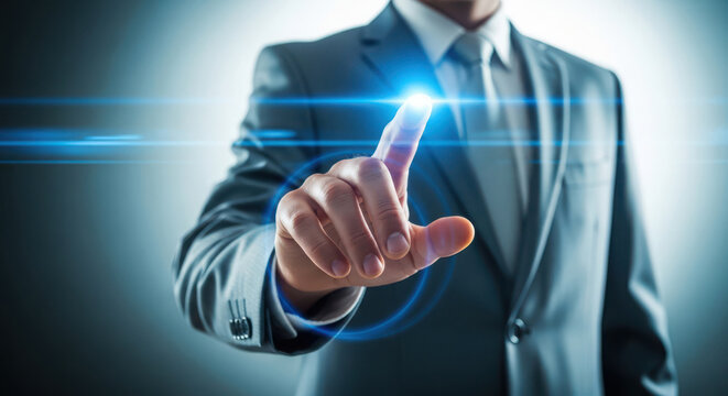 Businessman in suit interacting with futuristic interface with finger