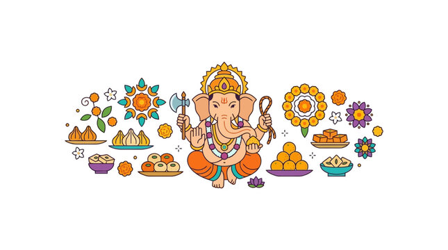 Lord Ganesha Illustration with Traditional Sweets and Offerings for Ganesh Chaturthi