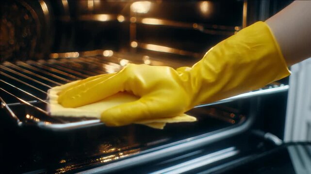 A chef in a professional kitchen wearing yellow gloves and washing dishes with soapy water.