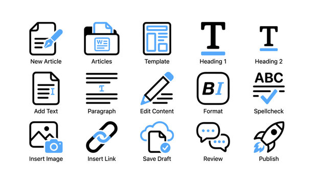 Content editor icons showing publishing tools on white background