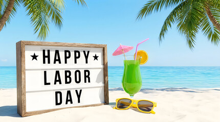 Happy labor day wooden sign with tropical cocktail and yellow sunglasses resting on white sandy beach with palm tree leaves against clear blue sky in bright sunny summer holiday weather.