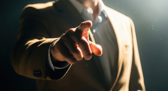 Businessman in a tan suit jacket pointing with his right hand