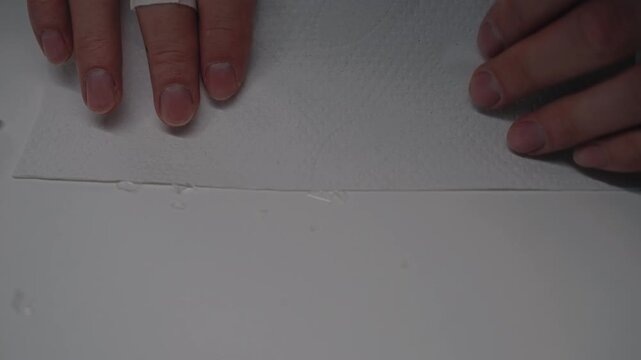 Closeup hands using folded paper towel to safely gather tiny, sharp glass fragments from shattered medical ampoule scattered on pristine white surface. Shooting in slow motion.