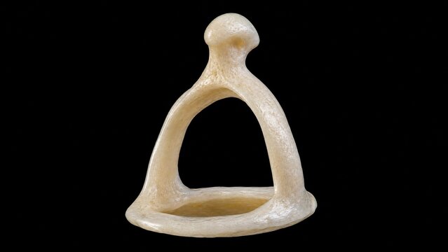 Magnified stapes model shaped like a stirrup, isolated on black with sharp focus.