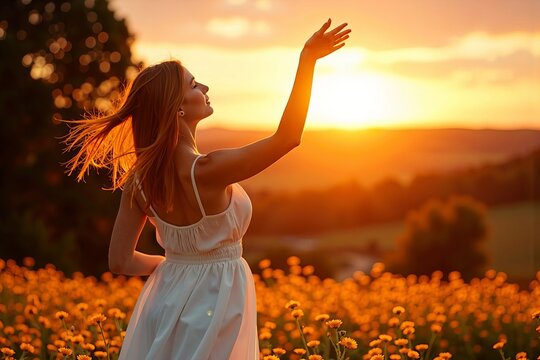 A woman's self-portrait dancing in a meadow of wildflowers as the sun sets