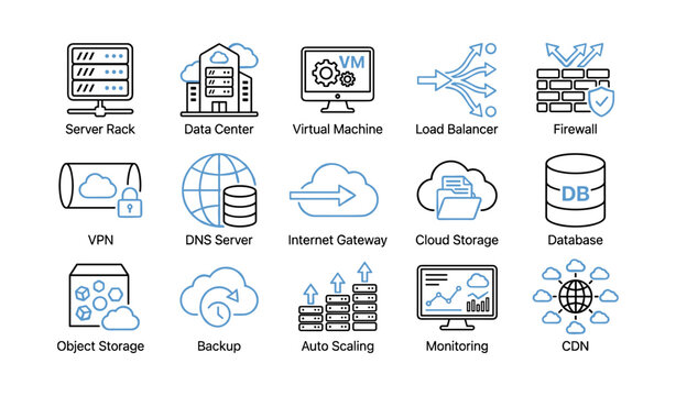 Data center and infrastructure icons in grid on white background