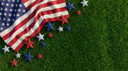 American flag with scattered red, white, and blue stars on green grass surface, top-down view for patriotic themes, national holidays, or summer celebration backgrounds.