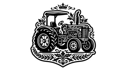 Ornate farm tractor emblem for agriculture and farming. © christina