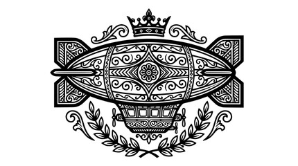 Ornate zeppelin blimp emblem with crown and wreath. © christina
