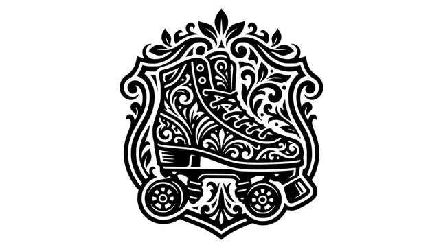 Decorative floral shield featuring a quad roller skate.