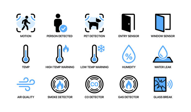 Home security and sensor icons showing alerts and environmental detectors