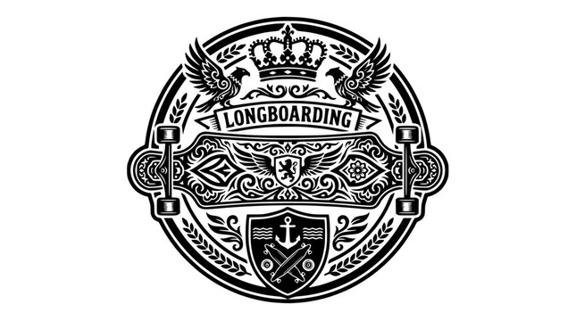 Intricate longboarding badge with wings and crown.