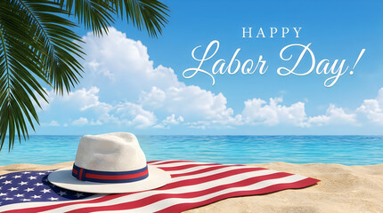A serene beach scene with a panama hat resting on an american flag with palm fronds and clear blue sky and ocean in background.