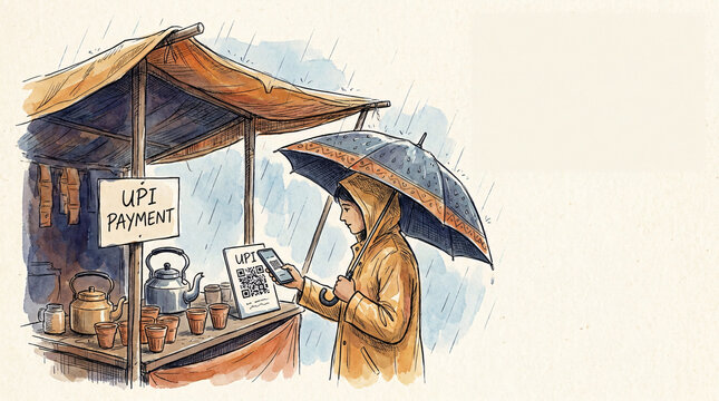 Rainy day street vendor using a smartphone for UPI payment, a simple stall selling tea and traditional items under a makeshift canopy, showcasing modern financial technology in a rustic setting.