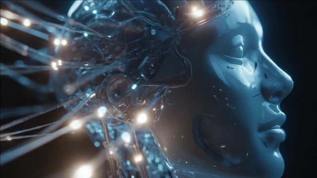An artistic of a human head with artificial intelligence circuitry patterns integrated into the skin.