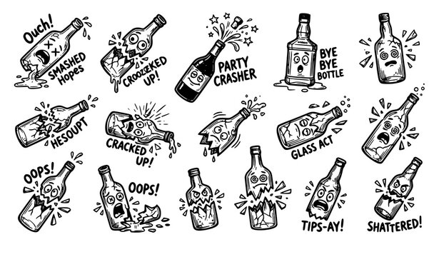 Quirky Smashed Bottle Sticker Collection with Hand Drawn Broken Glass Illustrations Vector Set